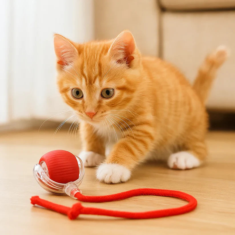 Katės žaislas – šokinėjantis kamuoliukas su virve