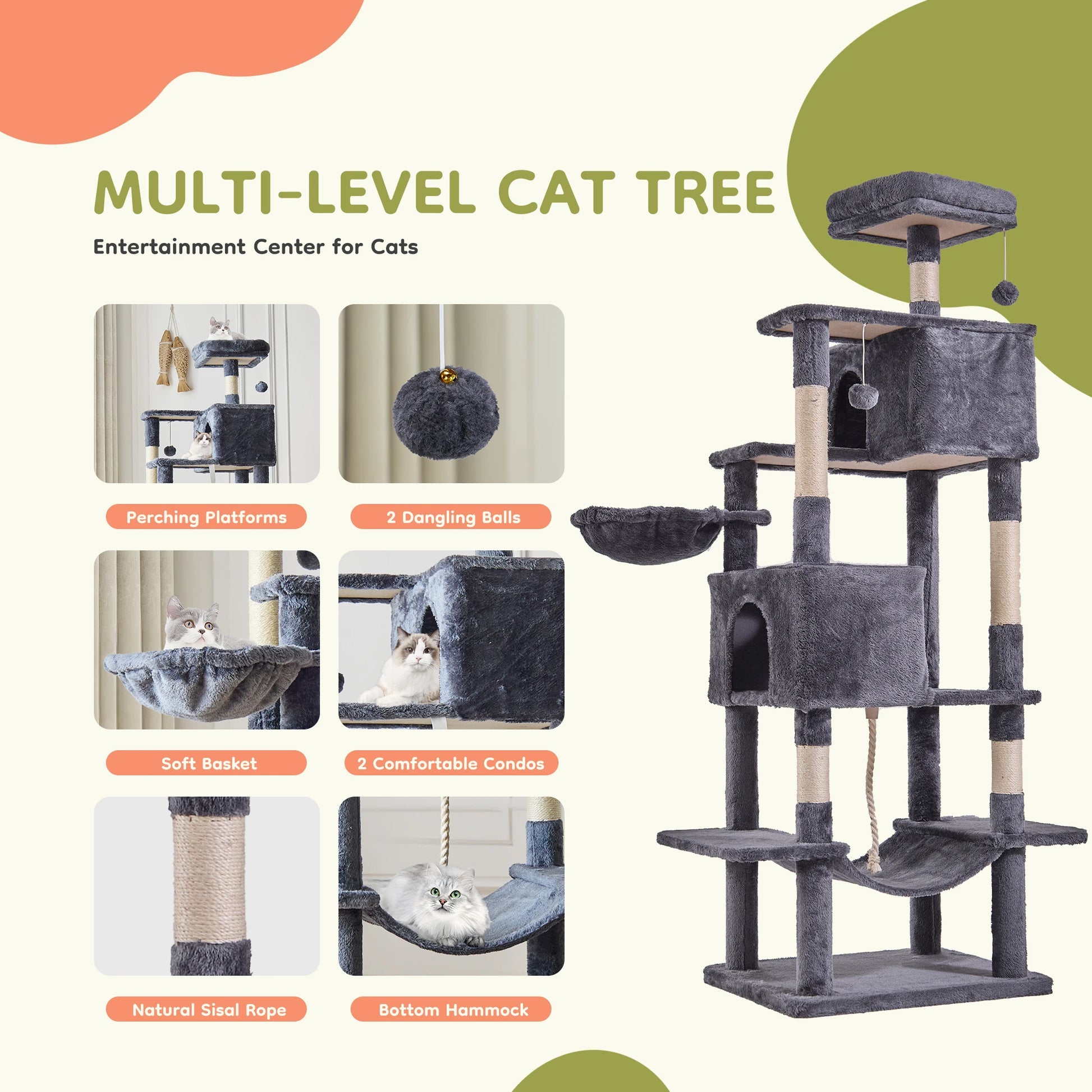 Cat Tree Tower 66 Inch Large Multi Level Cat Climbing Tower with Condo Natural Sisal Scratching Posts Pet House for Indoor