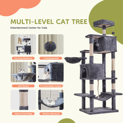 Cat Tree Tower 66 Inch Large Multi Level Cat Climbing Tower with Condo Natural Sisal Scratching Posts Pet House for Indoor