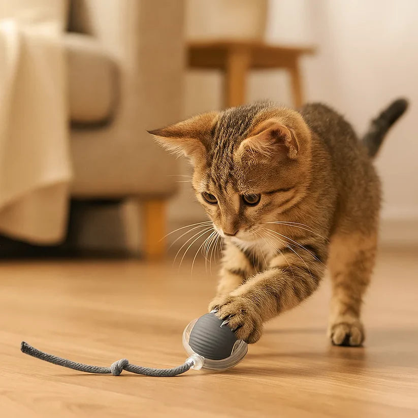 Katės žaislas – šokinėjantis kamuoliukas su virve