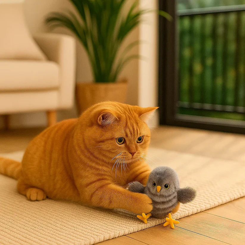 Plazdantis ir čiulbantis paukštelio žaislas katėms