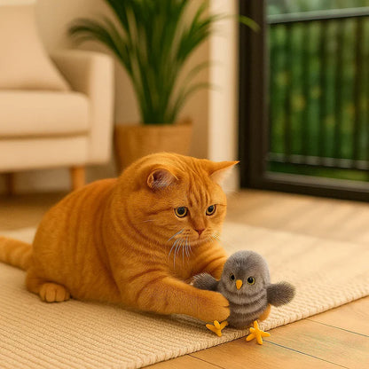 Plazdantis ir čiulbantis paukštelio žaislas katėms