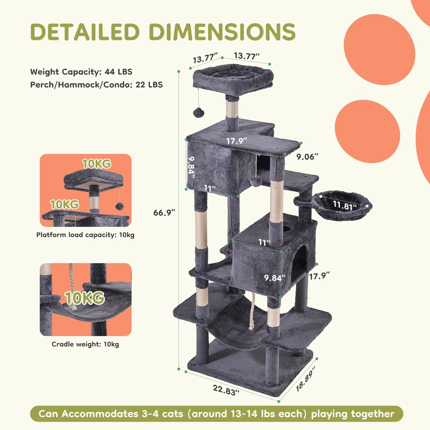 Cat Tree Tower 66 Inch Large Multi Level Cat Climbing Tower with Condo Natural Sisal Scratching Posts Pet House for Indoor